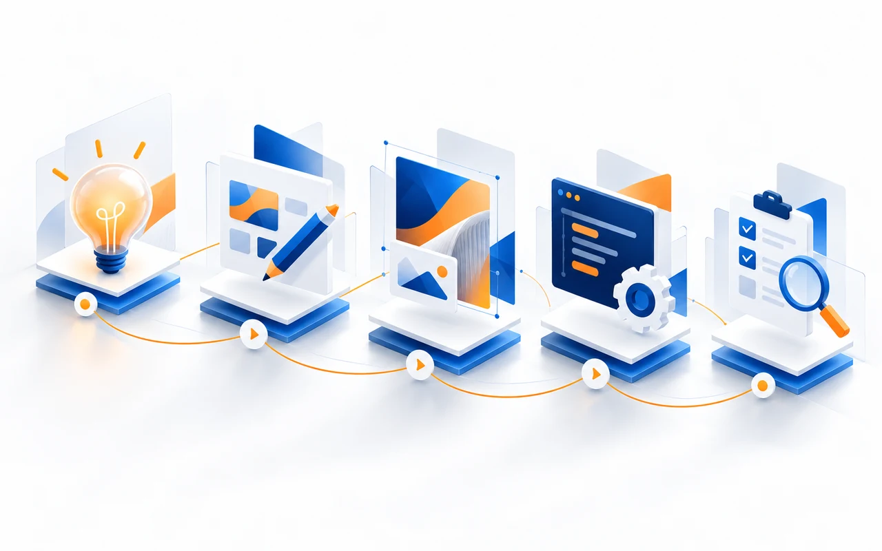 Language-neutral 3D illustration of a structured creative workflow from briefing to QA