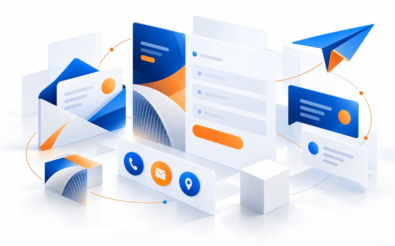 High-quality 3D illustration of a digital contact and enquiry process with form, message and communication channels
