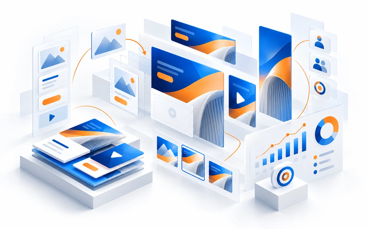 3D illustration of dynamic creative production with variants, data visualisation and multiple ad formats