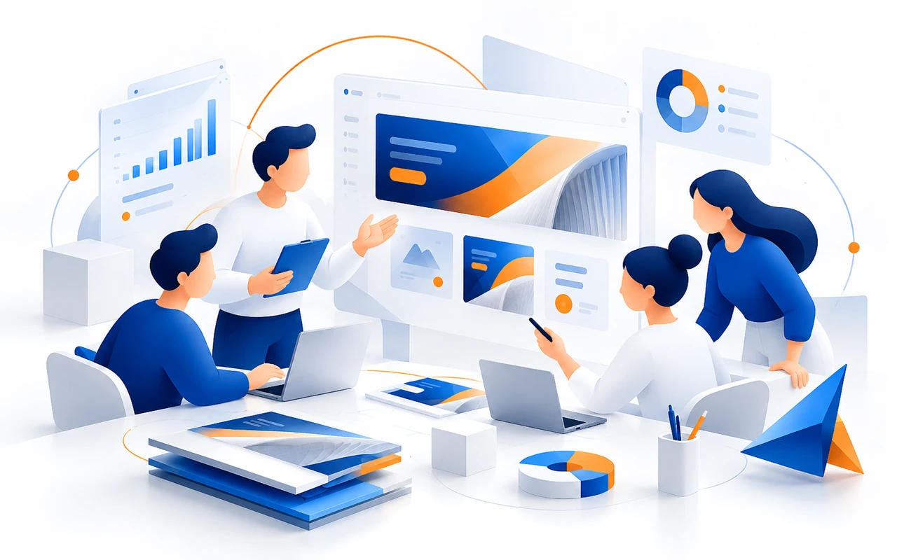 Hochwertige 3D-Illustration eines Creative-Teams bei Strategie, Abstimmung und digitaler Werbemittelproduktion