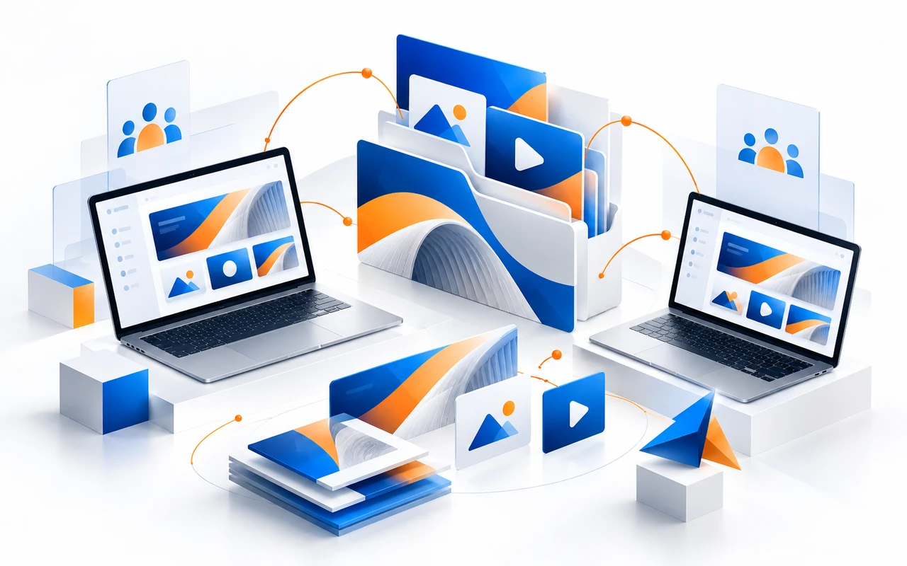 Hochwertige 3D-Illustration eines gemeinsamen Asset-Hubs für White-Label-Produktion und Agenturzusammenarbeit