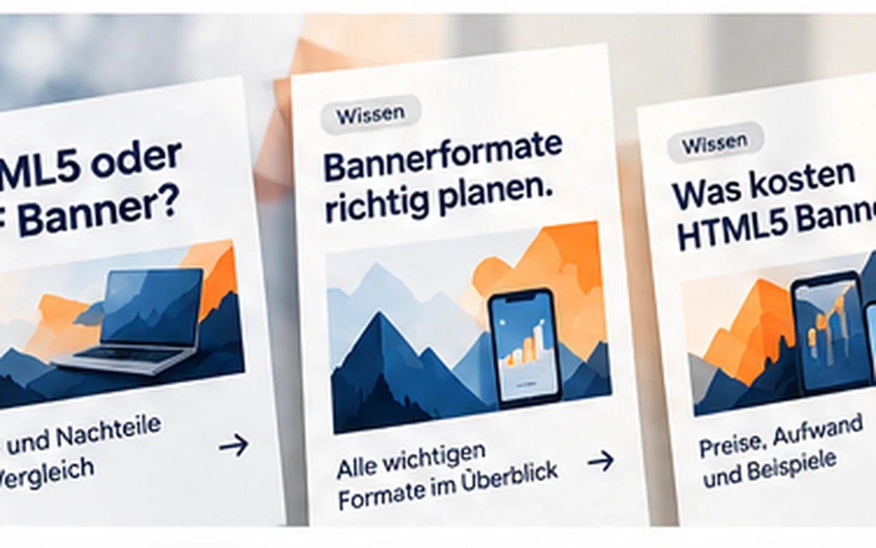 Illustrative Übersicht von Wissensartikeln zu HTML5, Bannerformaten und Produktionsplanung